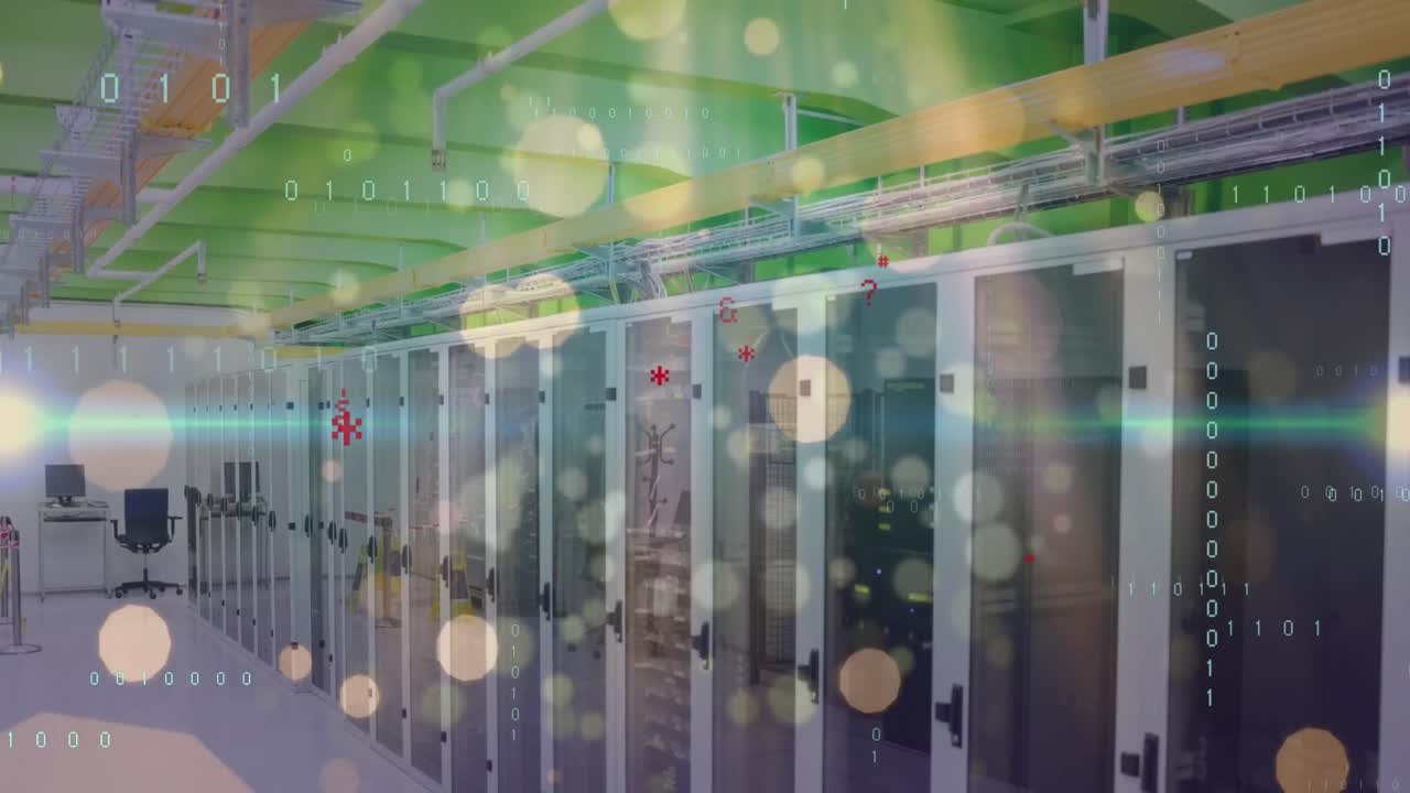 Animation of data processing, symbols, white spots and light trails against computer server room