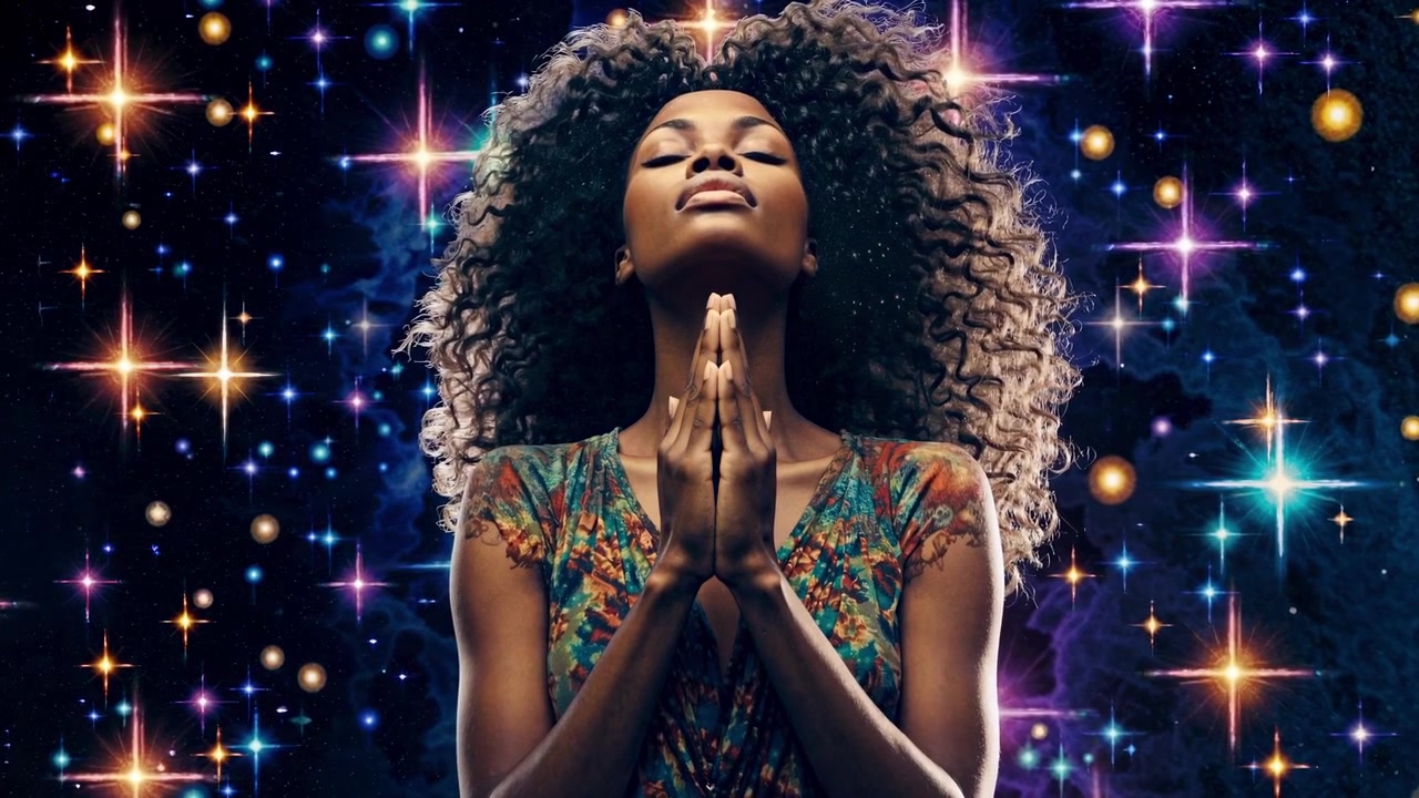 Young African American Woman Praying in a Vibrant Starry Cosmos