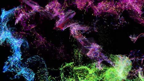 colores de partículas abstractas como cuerdas, chispas o líneas cubren la pantalla y luego se retiran hasta que la pantalla se vuelve negra; se pueden reproducir en bucle sin fin hacia adelante y hacia atrás