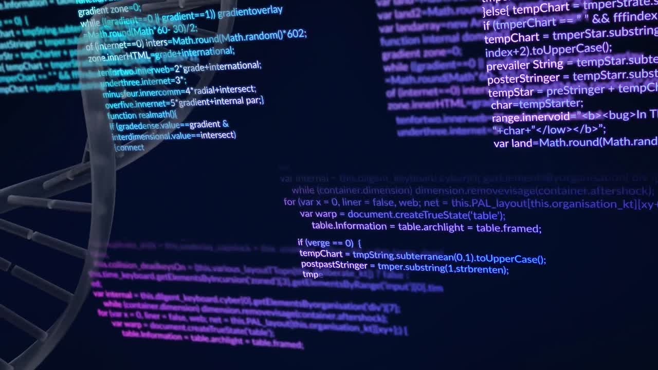 animación de la cadena de adn y procesamiento de datos sobre un fondo negro