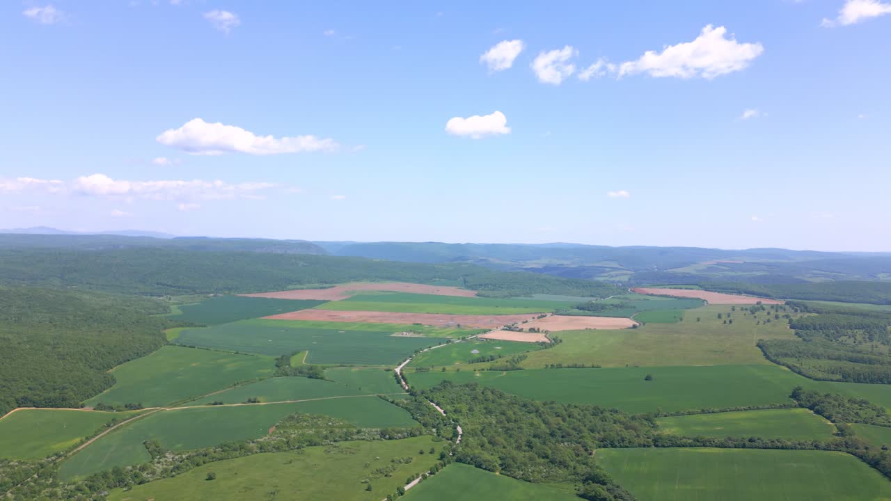 vuelo de aviones no tripulados sobre la carretera en campos de trigo verde