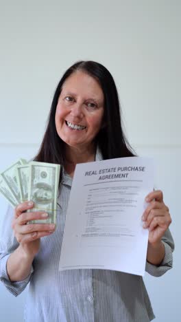 vertical shot of woman holding a real estate purchase agreement and cash in the other hand