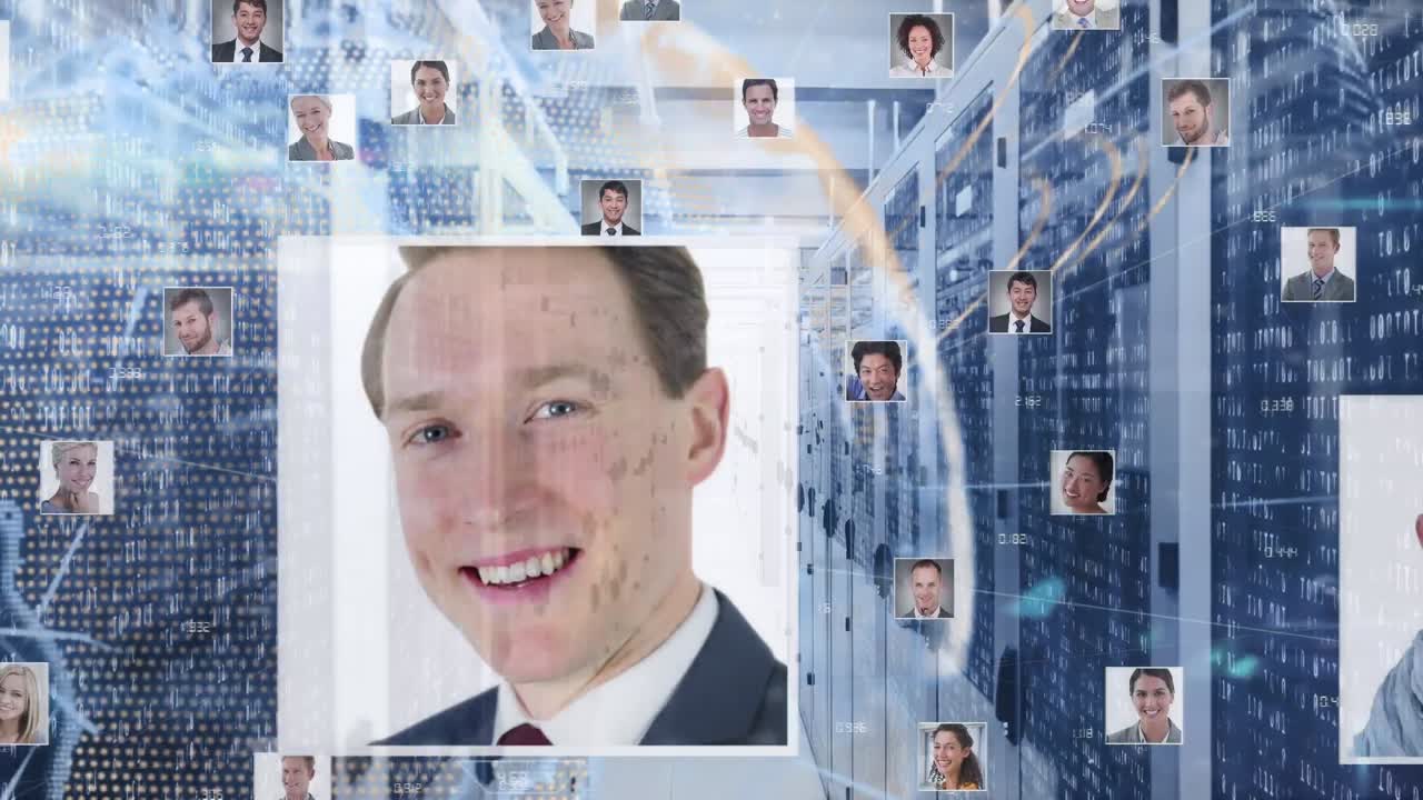Animation of globe made of user photos rotating over data processing on navy background