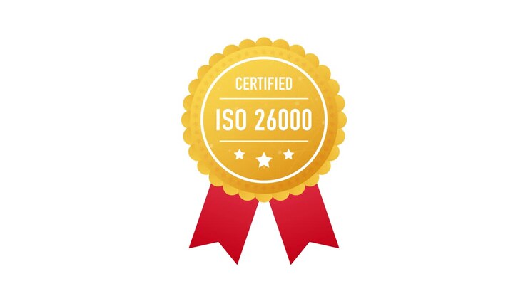 ISO 26000 certified golden label on white background. Motion graphics.