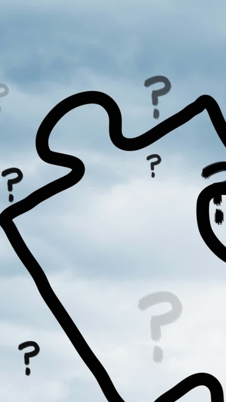animación de signos de interrogación y rompecabezas sobre un cielo nublado