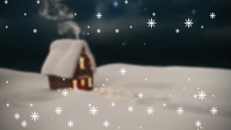 Animation-of-snow-falling-over-night-winter-landscape-with-house