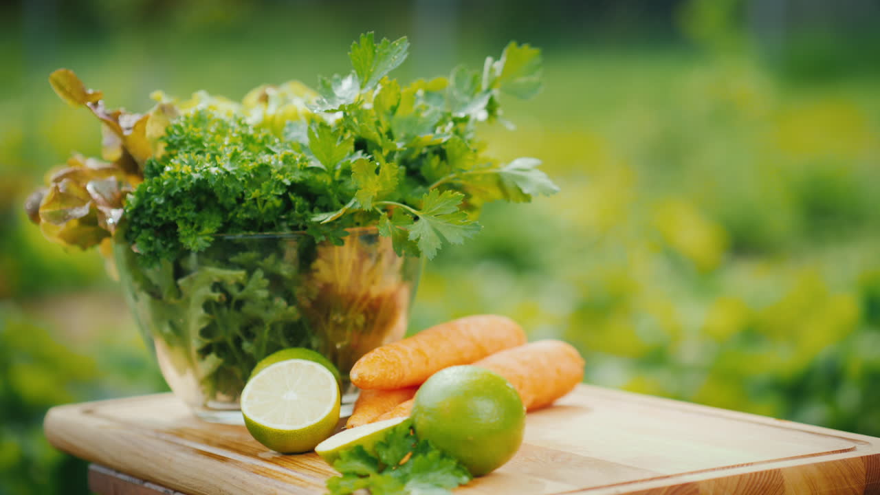 두 개의 비타민 음료가 만들어진 재료 옆에 있는 테이블에 놓여 있습니다.
