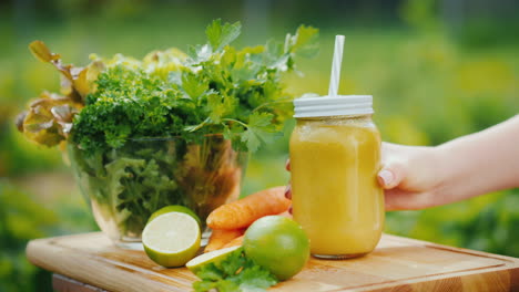 two vitamin drinks are put on the table next to the ingredients from which they are made