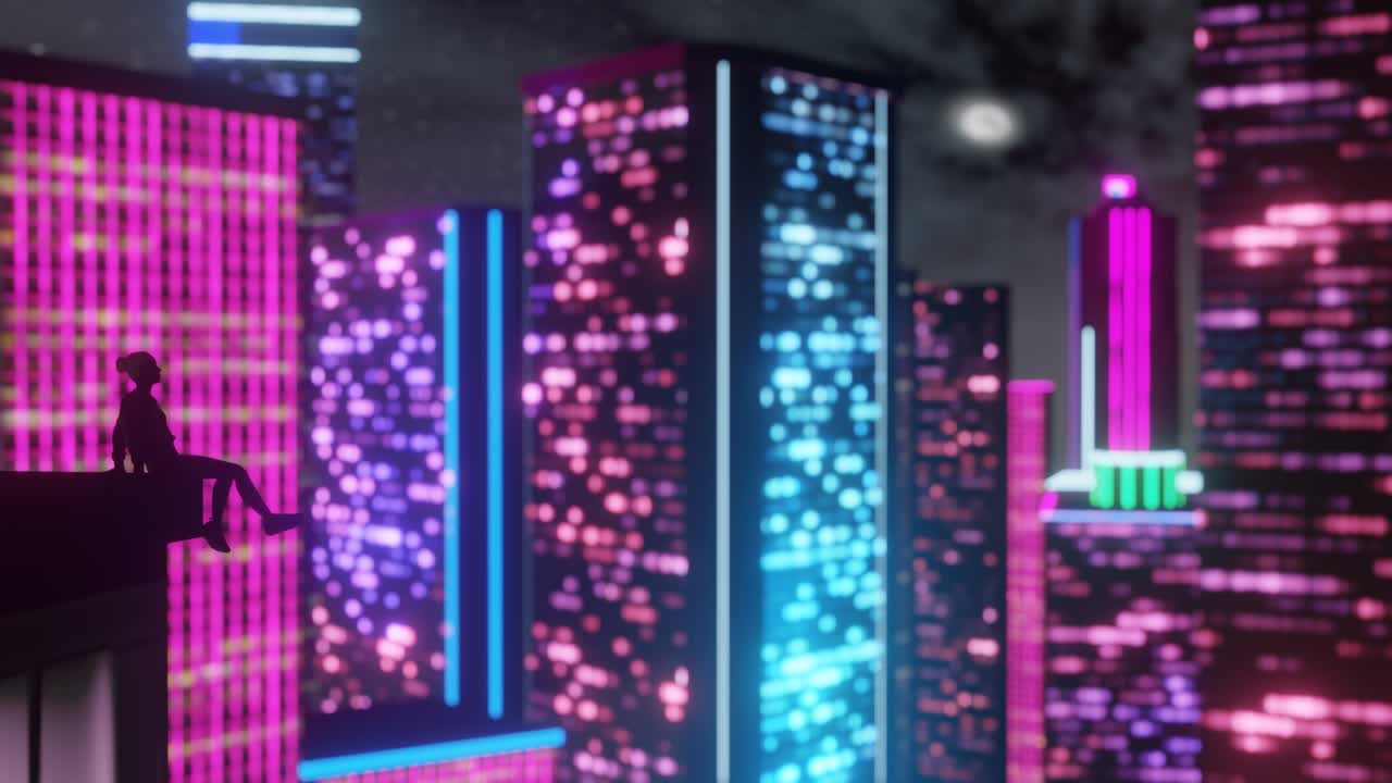 silueta de una mujer sentada en el borde de un rascacielos, ciudad nocturna de neón. fondo animado de onda sintética 3d. bucle sin costuras.