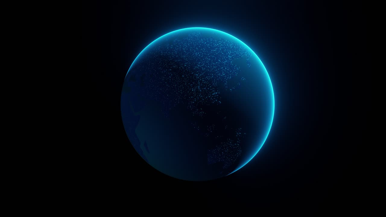 Leuchtender zyanfarbener digitaler Erdglobus mit Neon-Randlicht und Partikel-Punktkarte auf rein schwarzem Weltraumhintergrund. Minimale 3D-Darstellung eines dunklen Planeten mit leuchtender Atmosphäre. Futuristisches Konzept für globale Technologie und Wissenschaft
