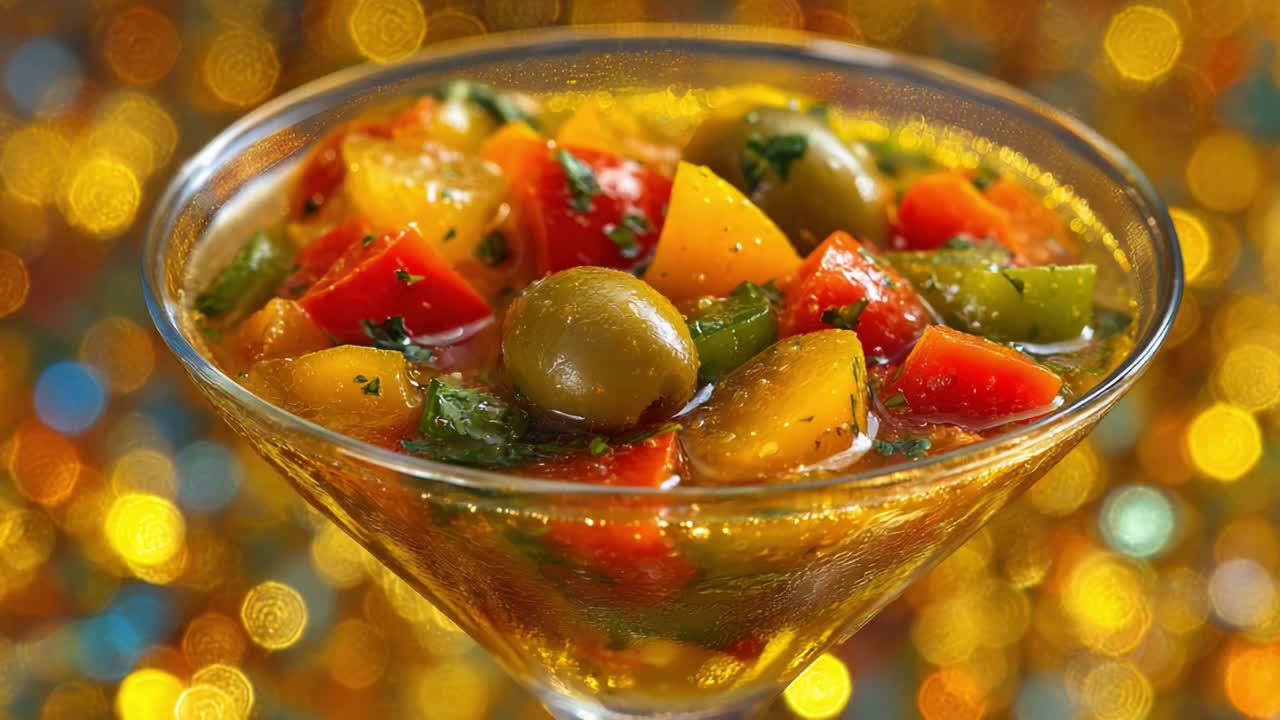 Vibrant Medley of Colorful Vegetables and Olives in a Glass Bowl, Enhanced by a Gleaming Golden Background, Showcasing a Fresh and Wholesome Salad Dish