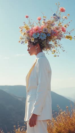 woman in floral crown and white suit