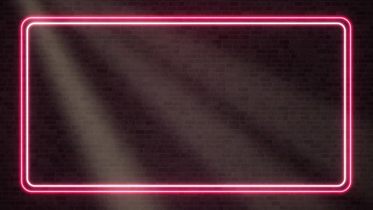 Pulsing pink neon frame illuminates a dark brick wall with diagonal volumetric light rays.