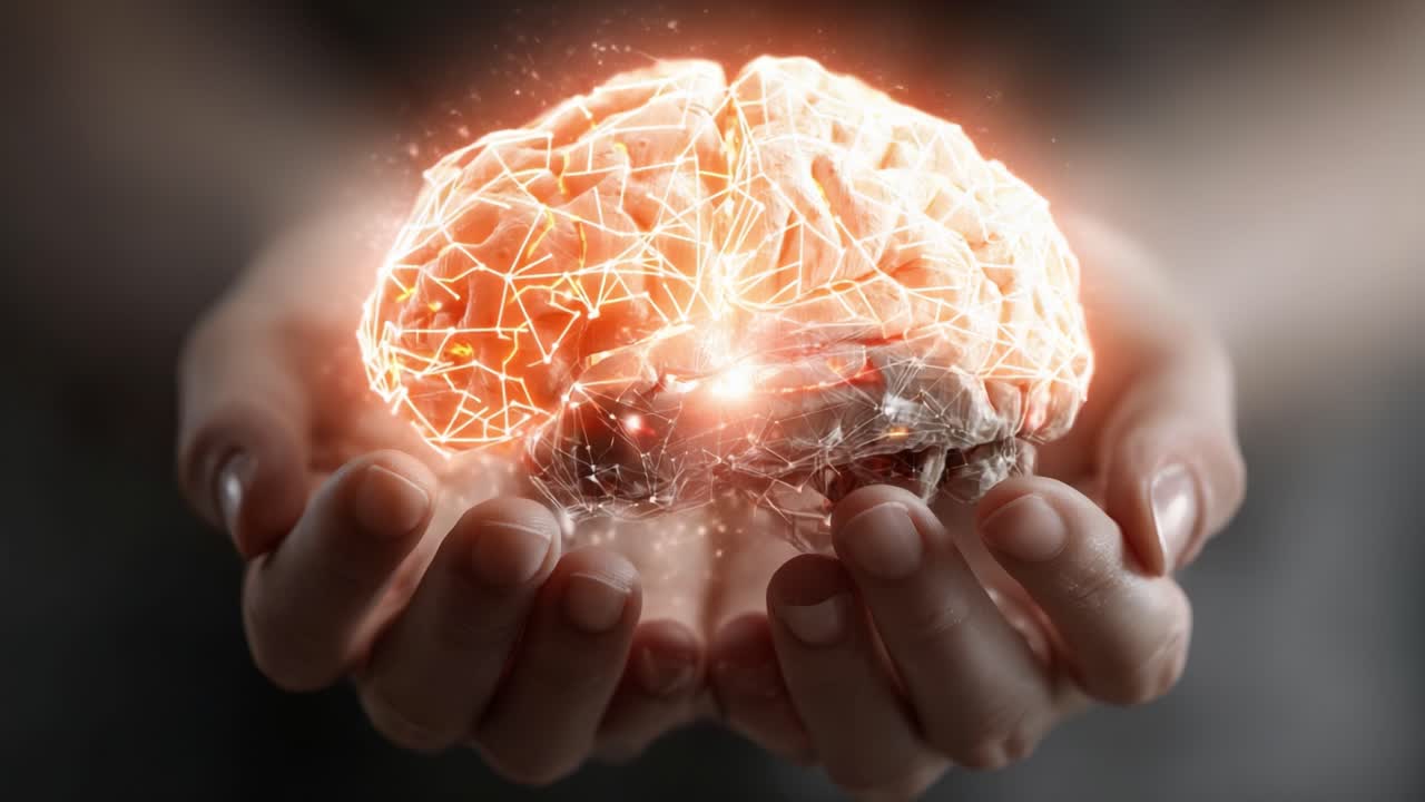 A Contemplative Perspective: Hands Gracefully Hold a Glowing Brain with Radiant Connections, Emphasizing the Power of Thought and Innovation in a Modern World