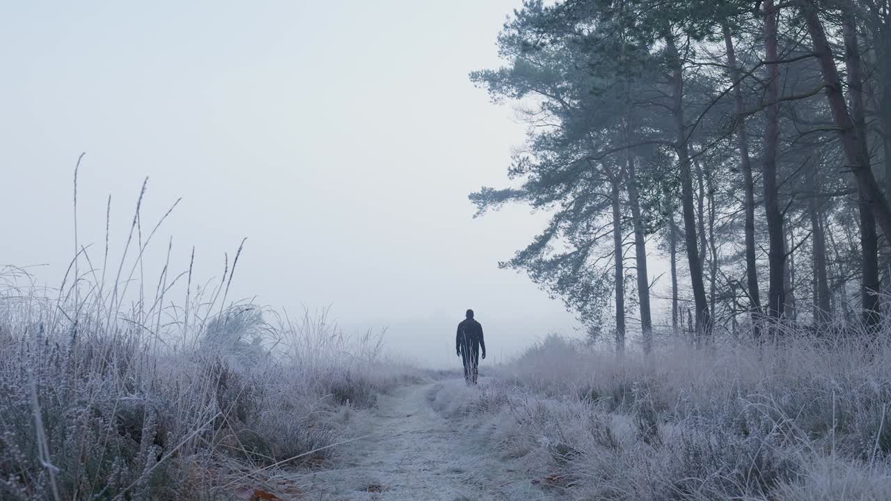 camino del bosque de invierno con niebla