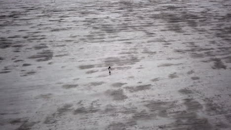 Dramatic-aerial-of-woman-in-dress-walking-in-Utah-desert-salt-flats