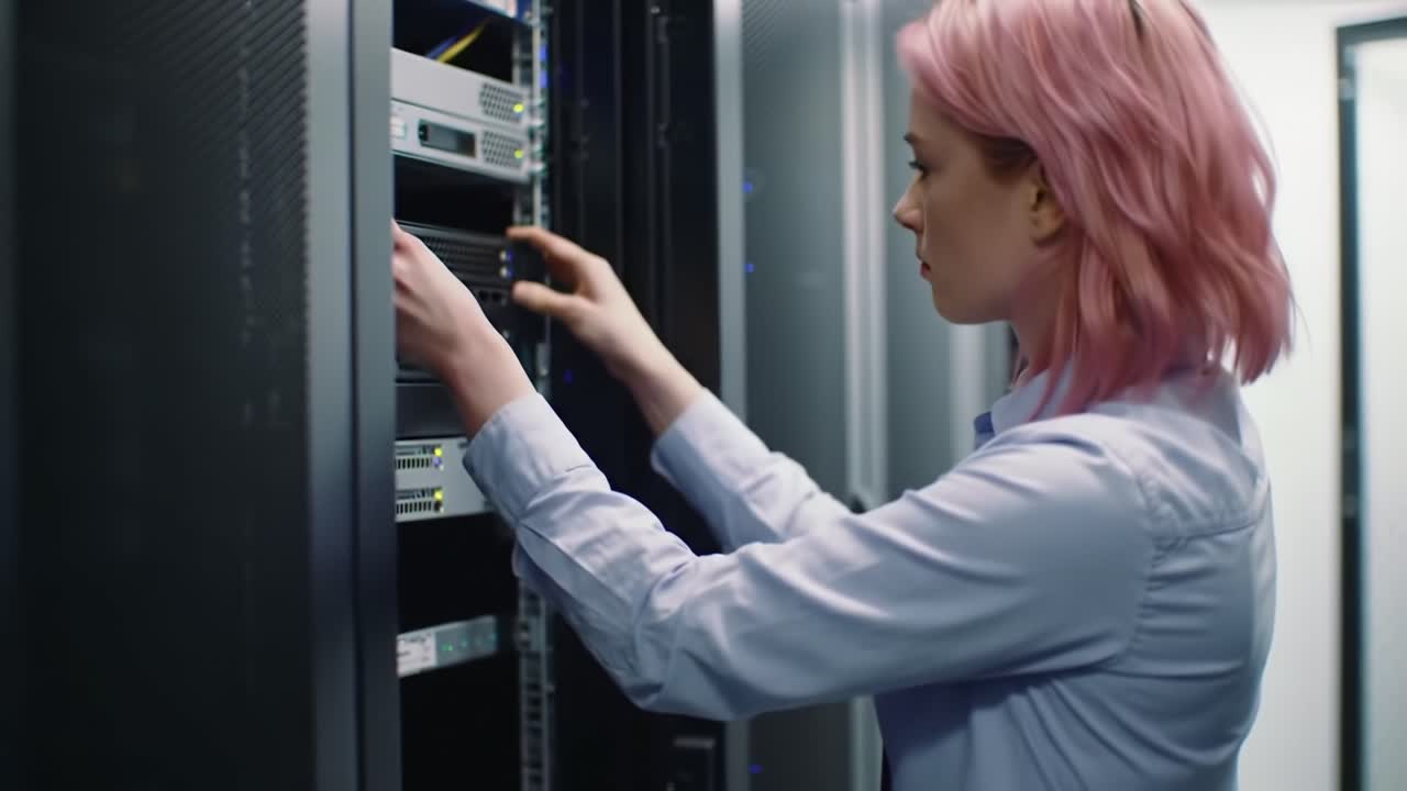 A technician with pink hair works diligently on network servers, maintaining and troubleshooting equipment within a data center environment, showcasing expertise in IT management