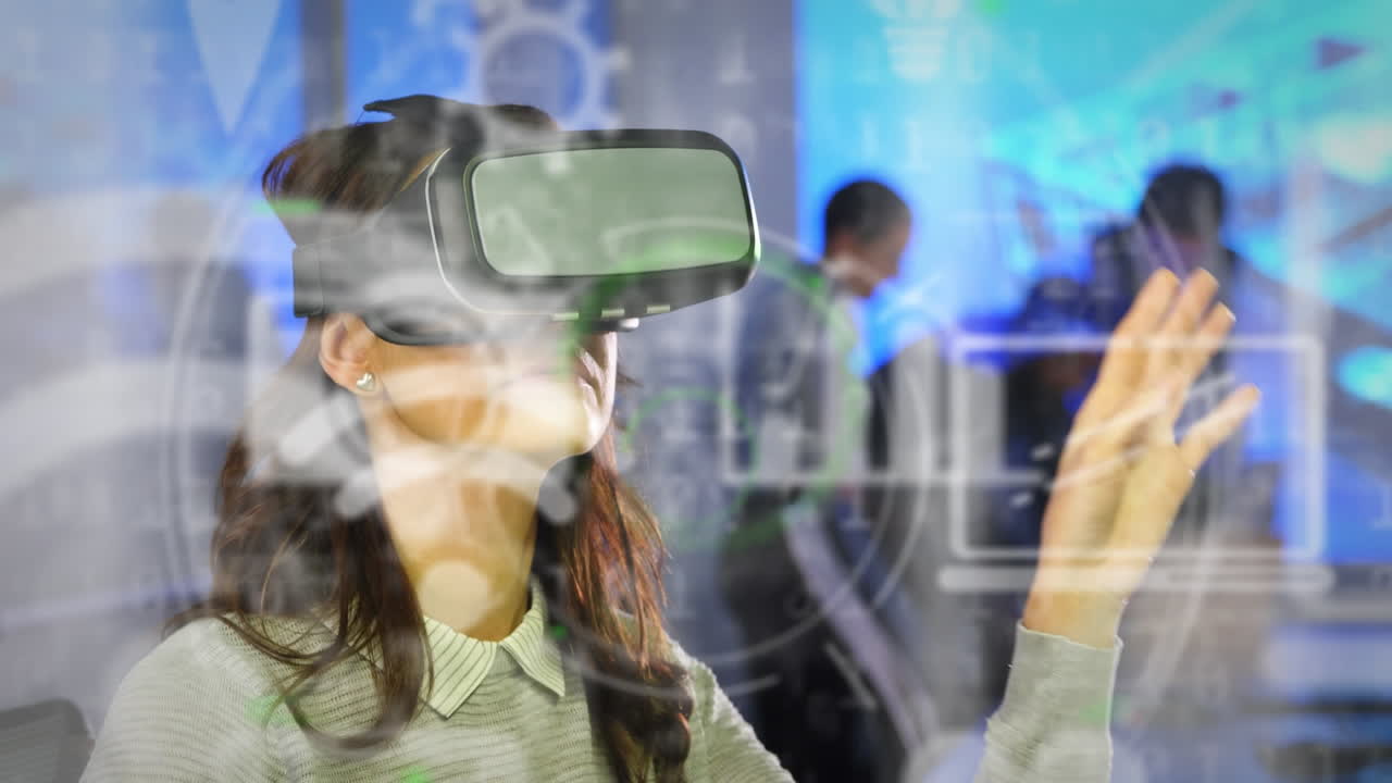 Animation of social media icons and data processing over caucasian woman wearing vr headset