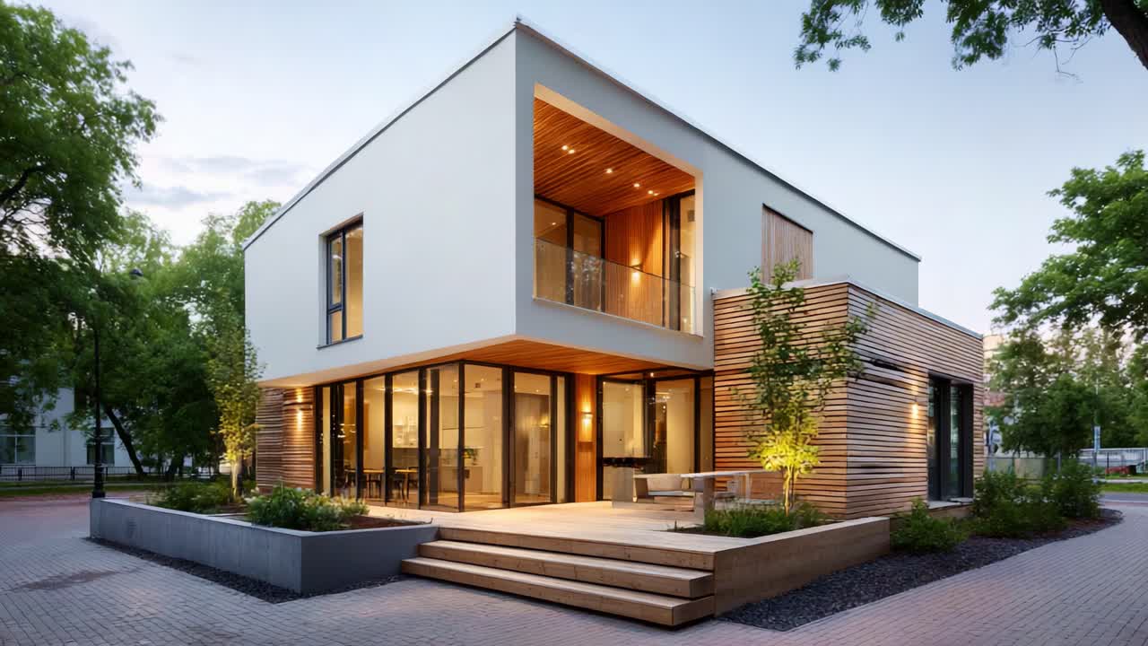 Nowoczesny projekt architektoniczny prezentuje elegancki, minimalistyczny dom z elementami drewna i szkła, położony w spokojnym otoczeniu.