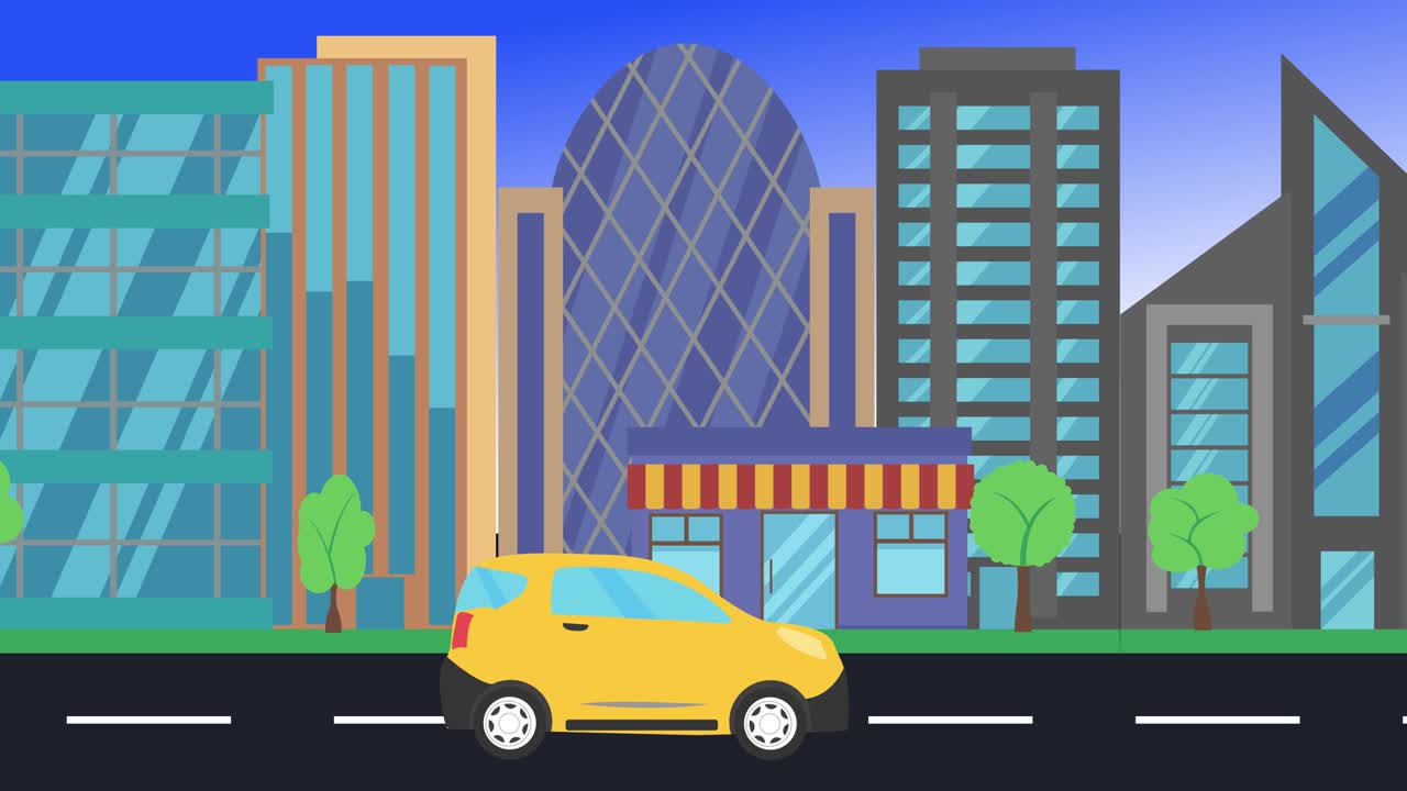 viajes en coche por la ciudad vista lateral, animación en bucle, fondo de diseño plano