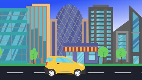 car driving rides around city side view, loop animation, flat design background