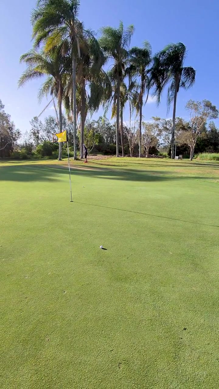 Primo piano statico di una pallina da golf che rotola verso la buca su un campo tropicale luminoso e ventoso, mancando di poco.