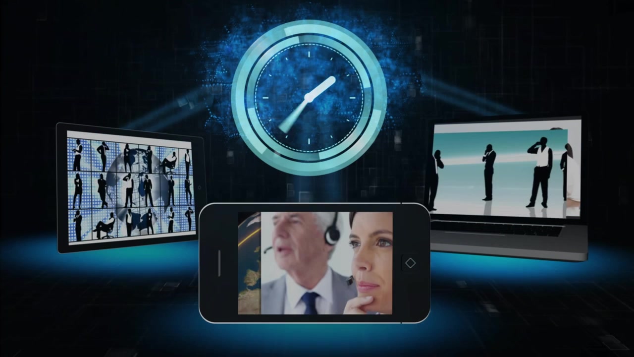 Animazione di orologio in movimento su tecnologia con professionisti diversi