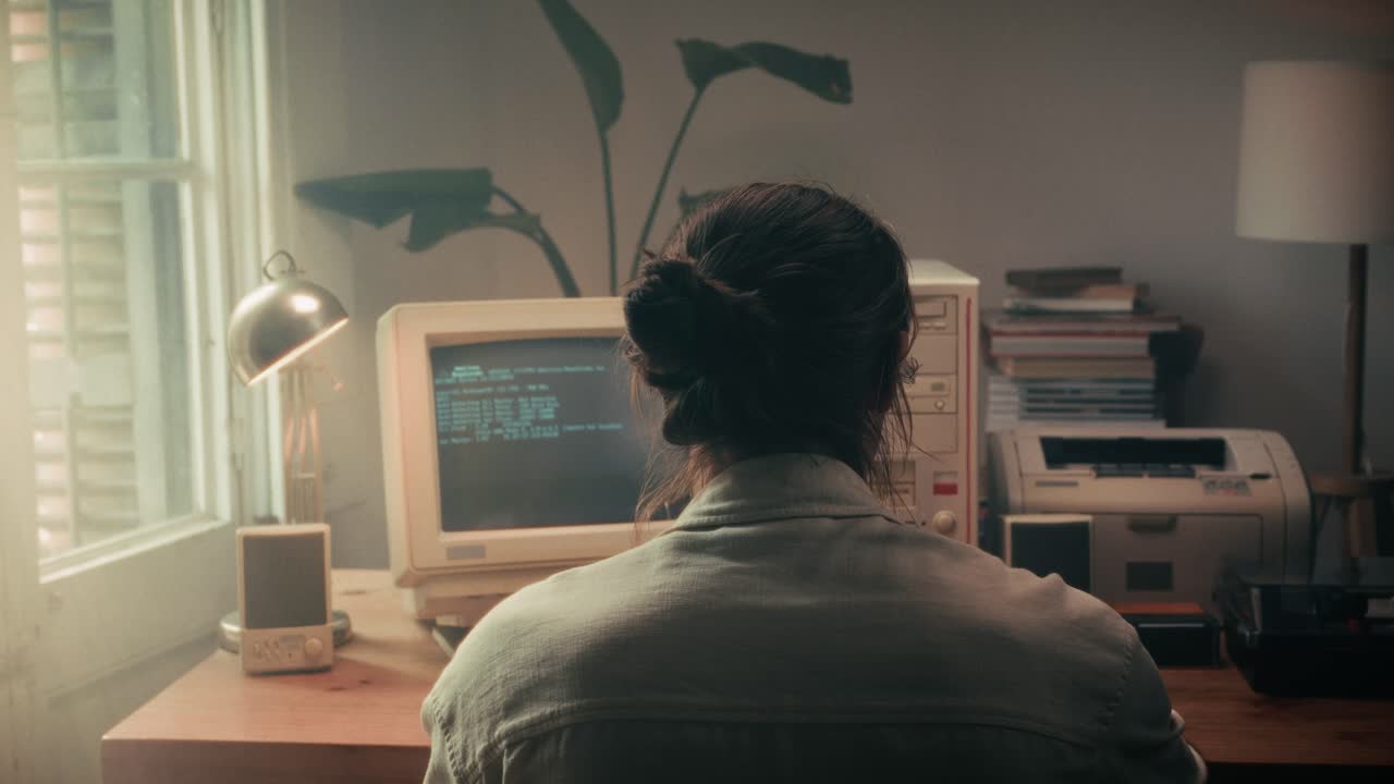 Man working and gaming on retro computer PC, IT engineer with vintage computer at home, using old fashion technology, close up of retro setup.