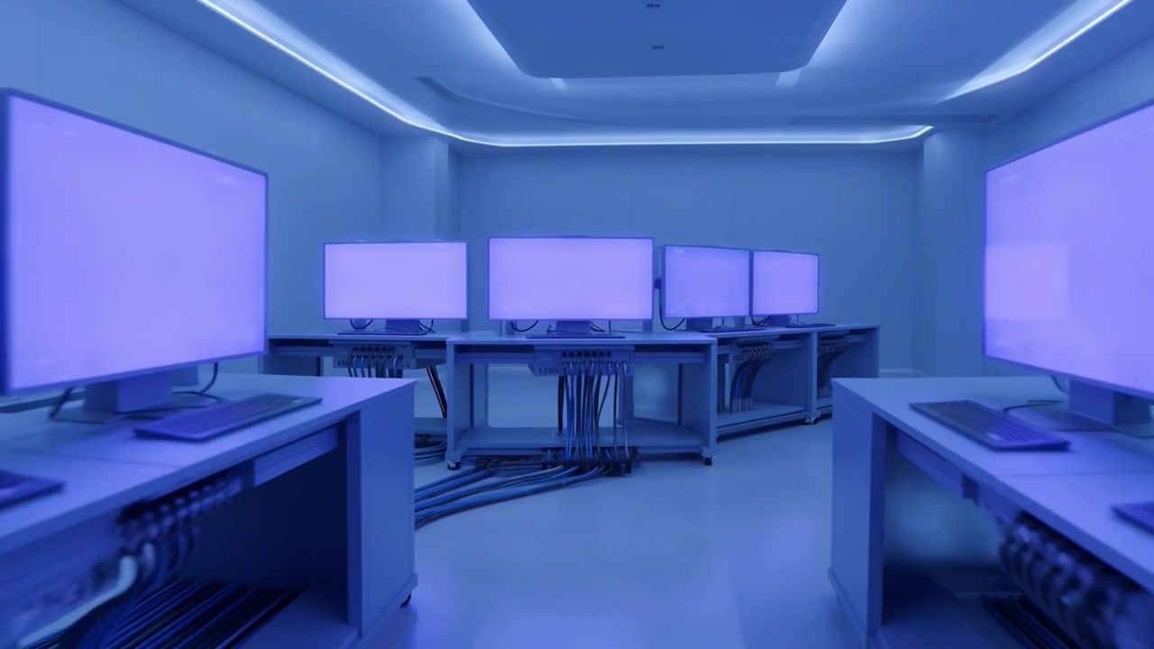 Empty High-Tech Control Room with Blue Lit Monitors