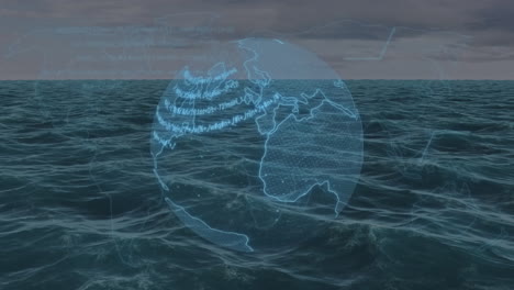 animation of globe with data processing over sea