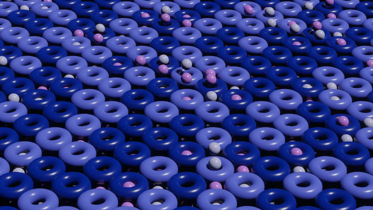 escena de renderización 3d abstracta con toros y bolas multicolores animados. bucle sin costuras gráfico de movimiento moderno y satisfactorio