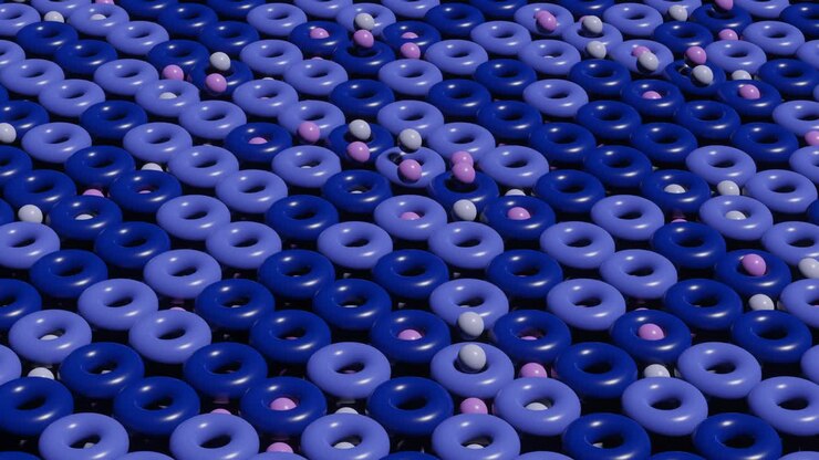 Scena astratta renderizzata in 3D con tori e sfere multicolori animati. Grafica in movimento moderna e appagante con loop continuo.