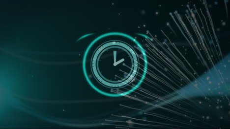 animación de reloj de neón sobre senderos de luz, onda digital y punto de luz sobre fondo azul.