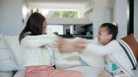 Happy,-kids-and-teddy-bear-fight-on-sofa-by