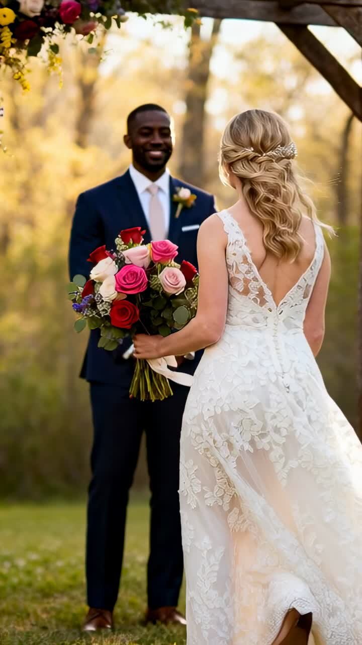 Vertical video: Bride walking, groom smiling, reaching to take bouquet under arch to marry