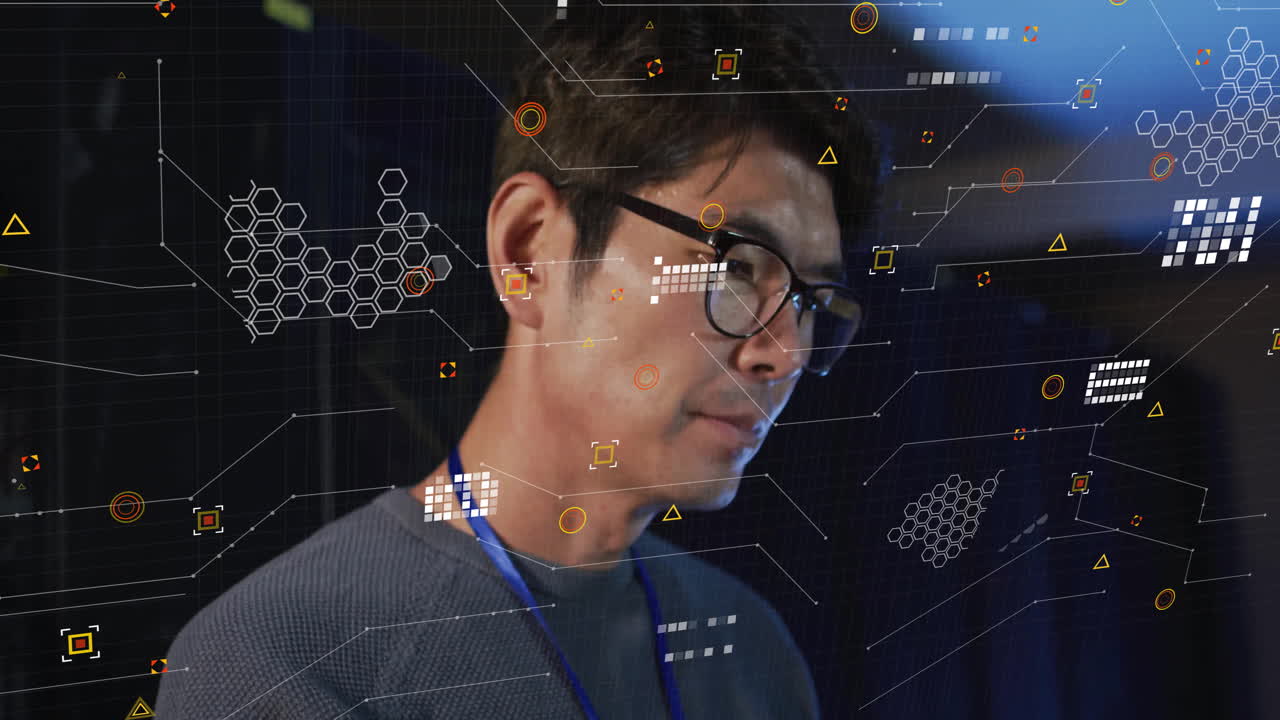 Analyzing digital data with futuristic animation, man wearing glasses in office