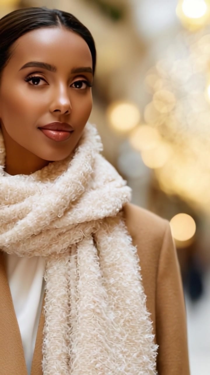 Moda urbana elegante: Ritratto di una donna sicura di sé che indossa una sciarpa elegante su uno sfondo splendidamente illuminato in un contesto urbano chic