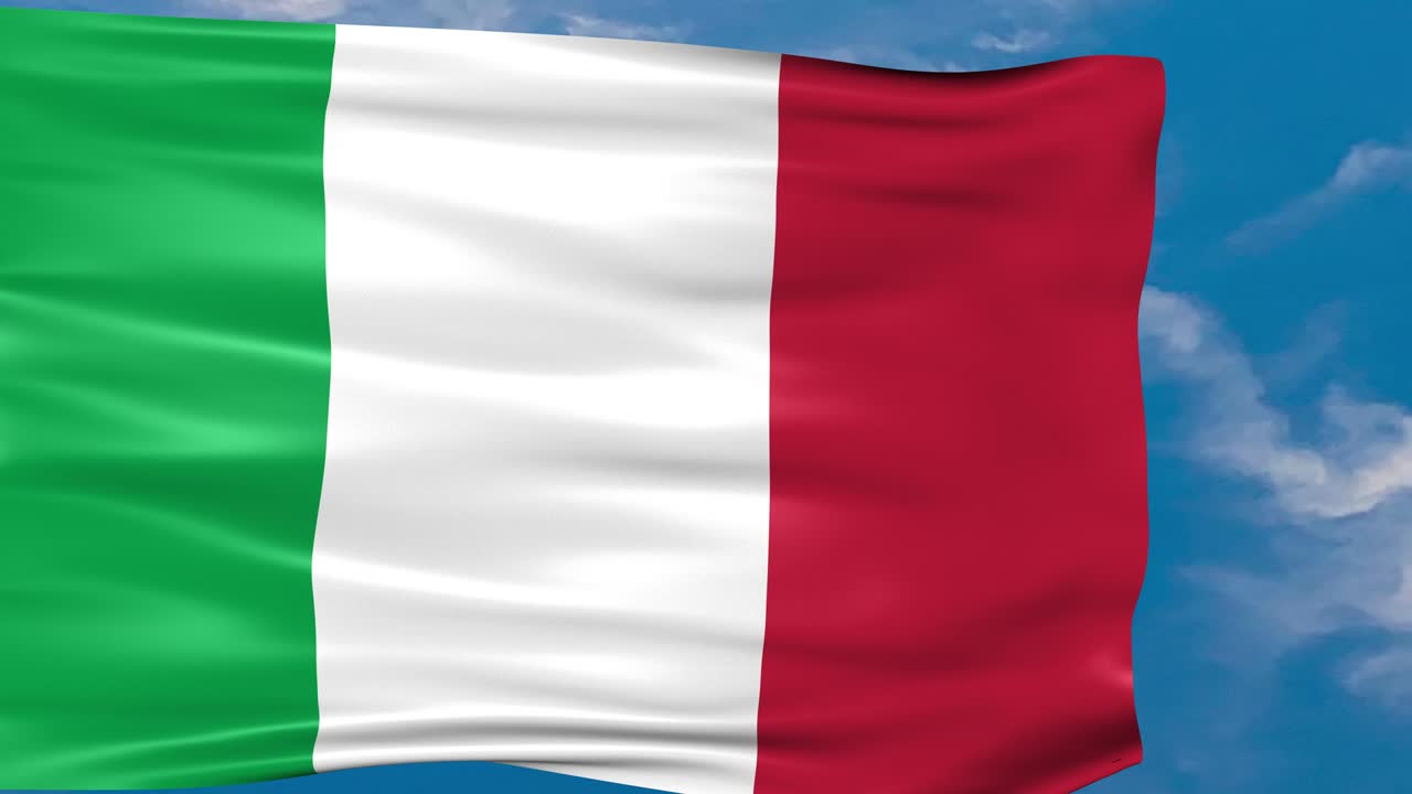 Animazione video della bandiera italiana che sventola al vento su sfondo di cielo blu.