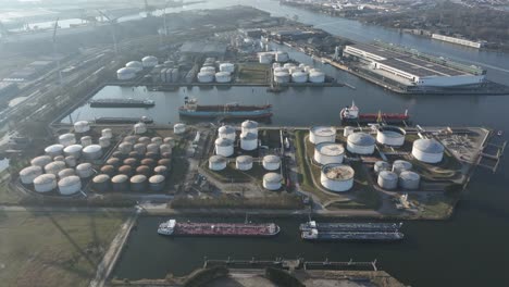 Petroleum port Amsterdam, shipping, petrol, energy, chemical transport over water. Industrial and transport. Aerial dorne video. The Netherlands.