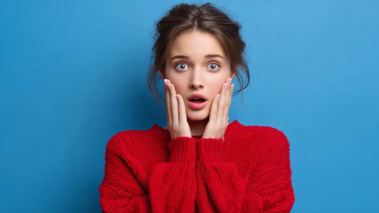 Surprised Young Woman Expressing Shock and Curiosity Against a Blue Background, Captured in Two Distinct Poses, Showcasing Genuine Emotion with Vibrant Colors