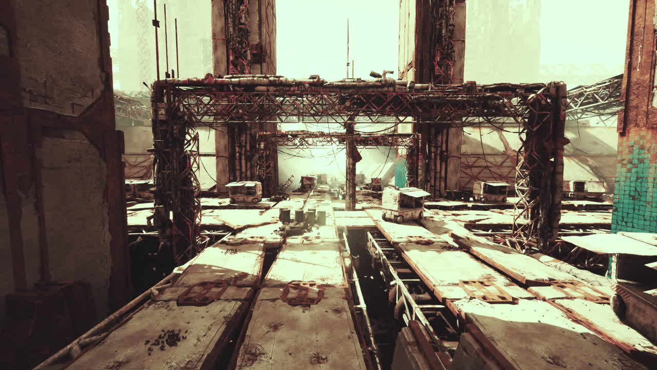 Gritty industrial landscape featuring aged tracks and distant city