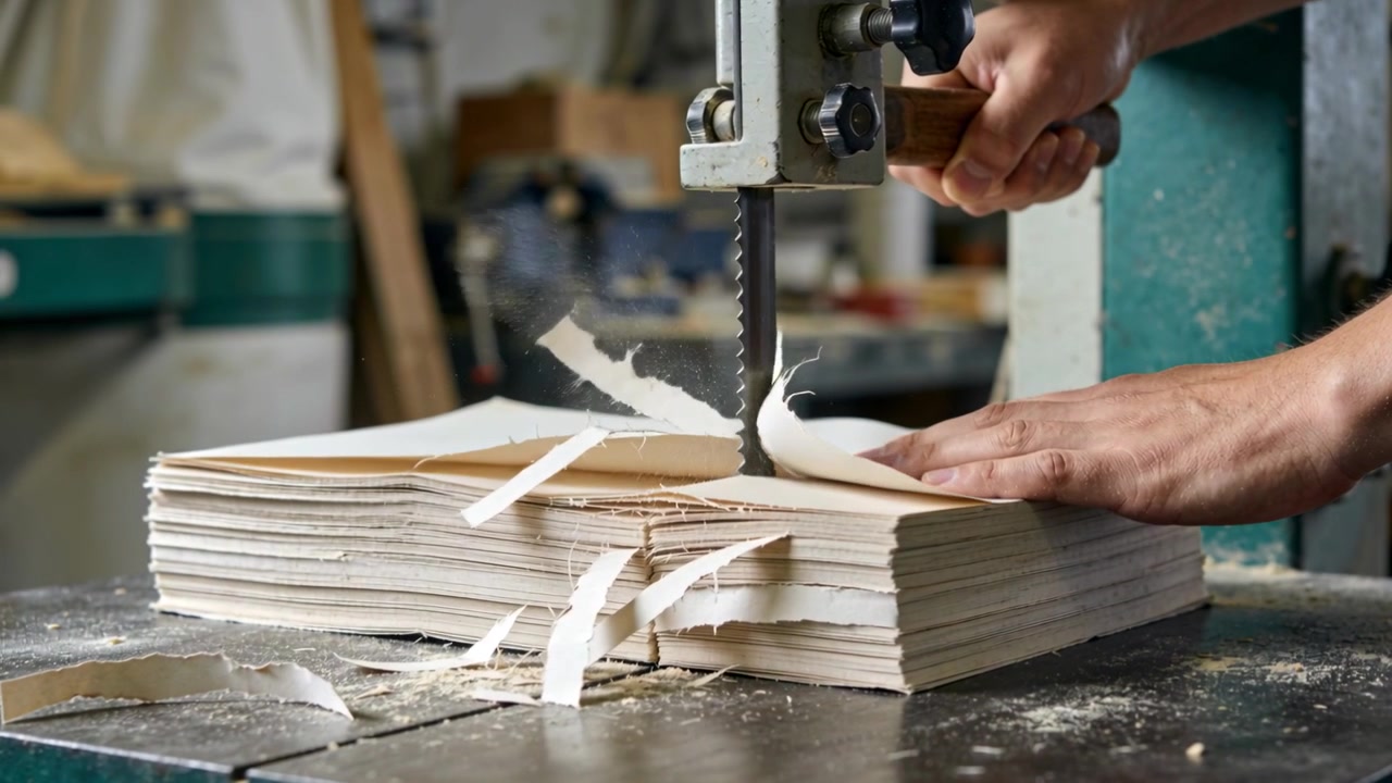 In un'officina, una lama discendente taglia una pila di carta, mentre un operaio con gli avambracci nudi impugna un manico di legno.