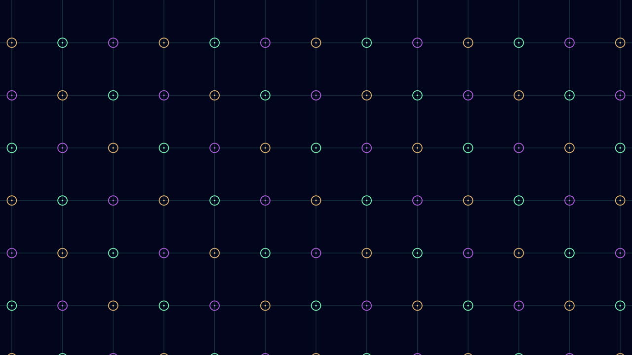 Digital grid with neon geometric rings in rows
