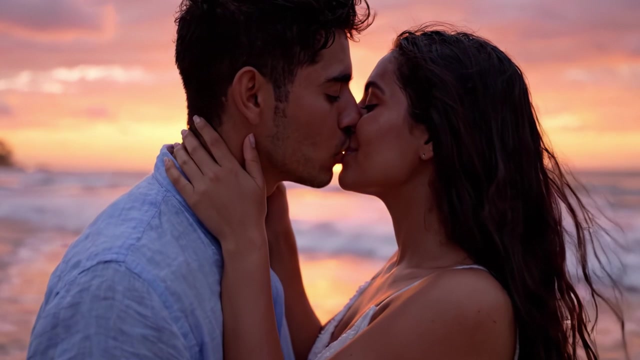 Abbraccio romantico al tramonto: una coppia condivide un momento intimo in riva all'oceano mentre il giorno si trasforma in notte, circondata da colori vivaci e onde delicate