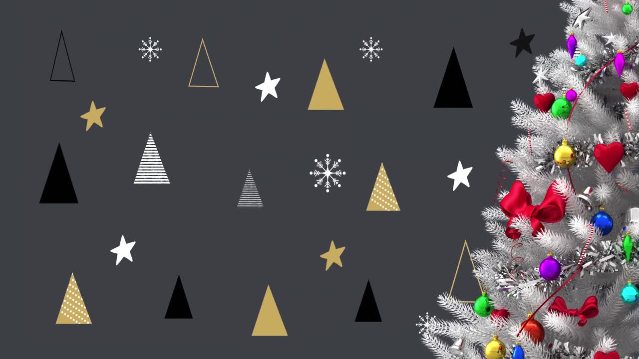 animación de nieve cayendo sobre árboles de navidad y decoraciones