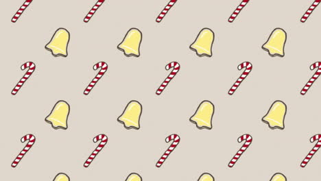 animation of christmas bells and candy cane icons against red background