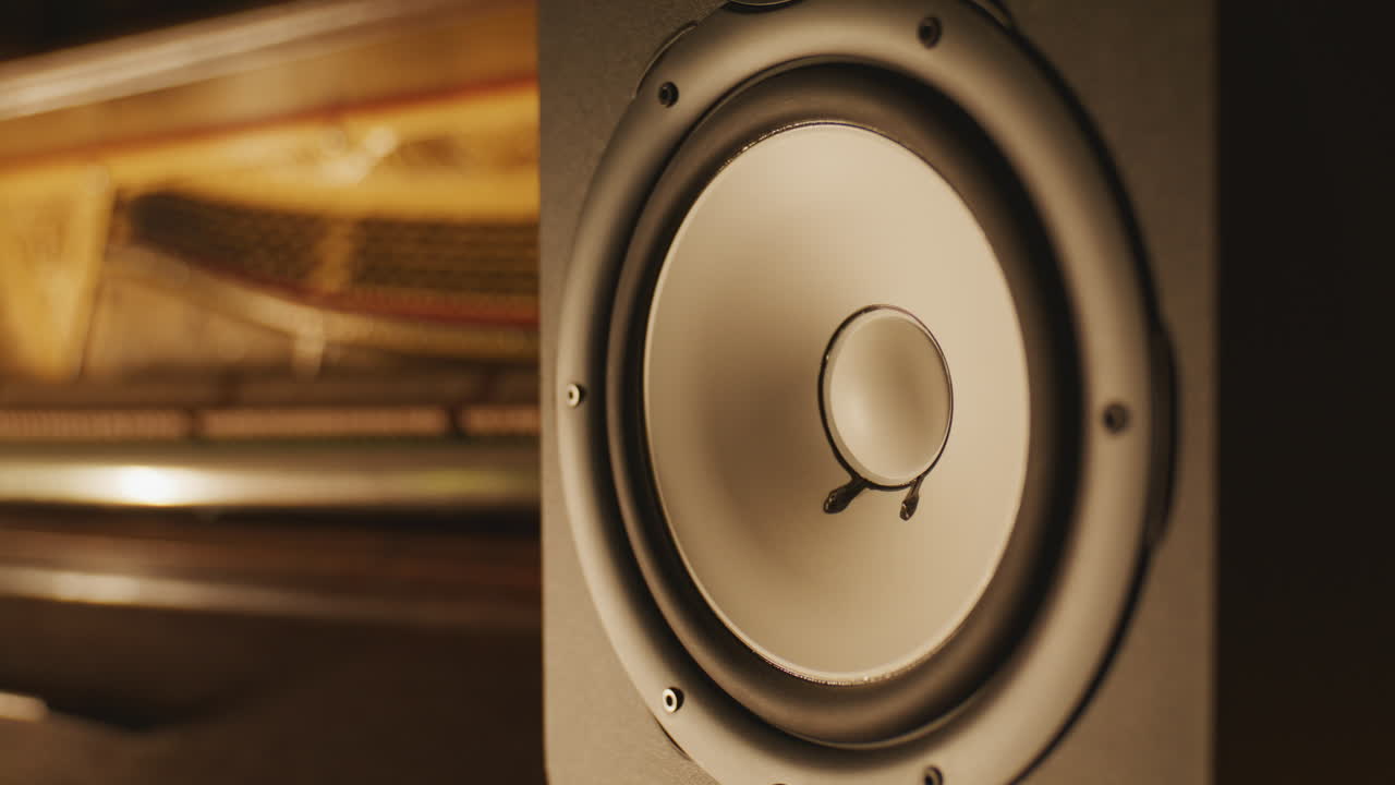 A detailed shot of an audio speaker with a warm atmosphere and a grand piano blurred in the background