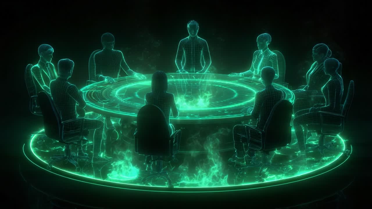 An ethereal assembly of holographic figures gathered around a glowing circular table, engaged in profound discussion, with mysterious wisps of energy rising, symbolizing dialogue and connection in a digital realm