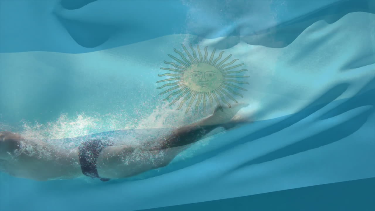 Animation of swimmer in pool with Argentina flag overlaying water surface