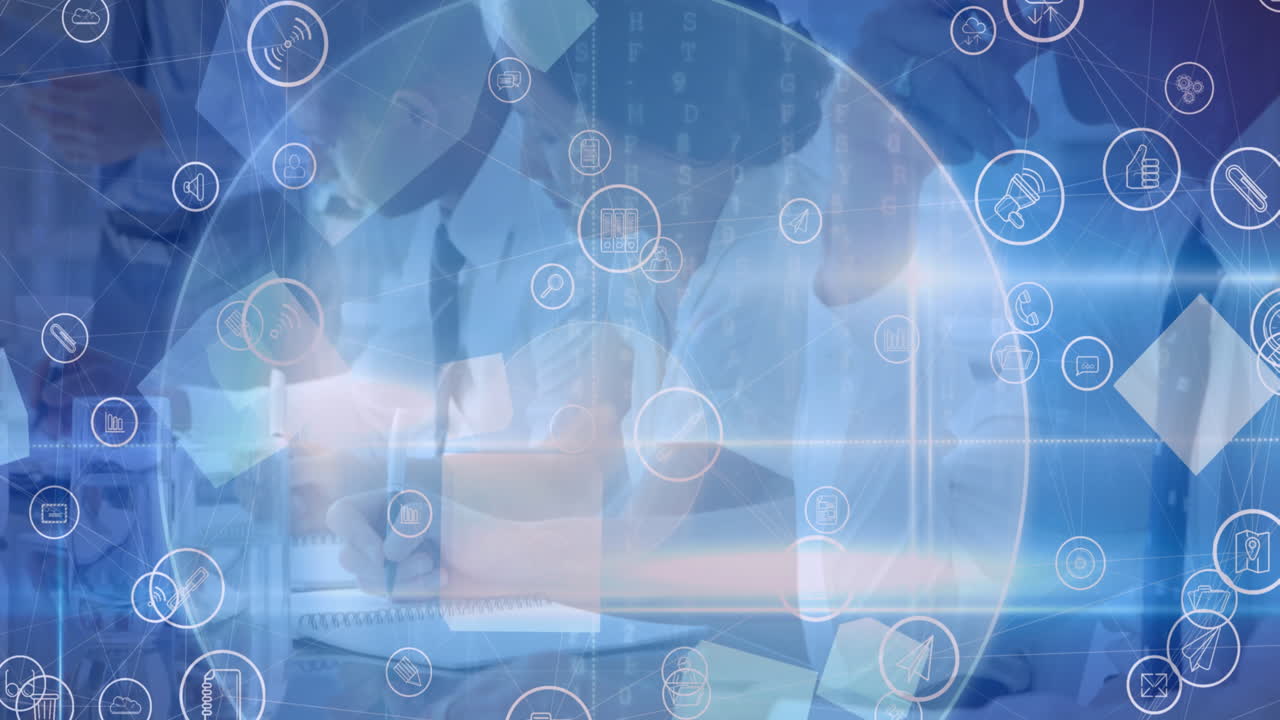 디지털 아이콘의 네트워크와 사무실에서 메모를 하는 사업가들에 대한 빛의 점